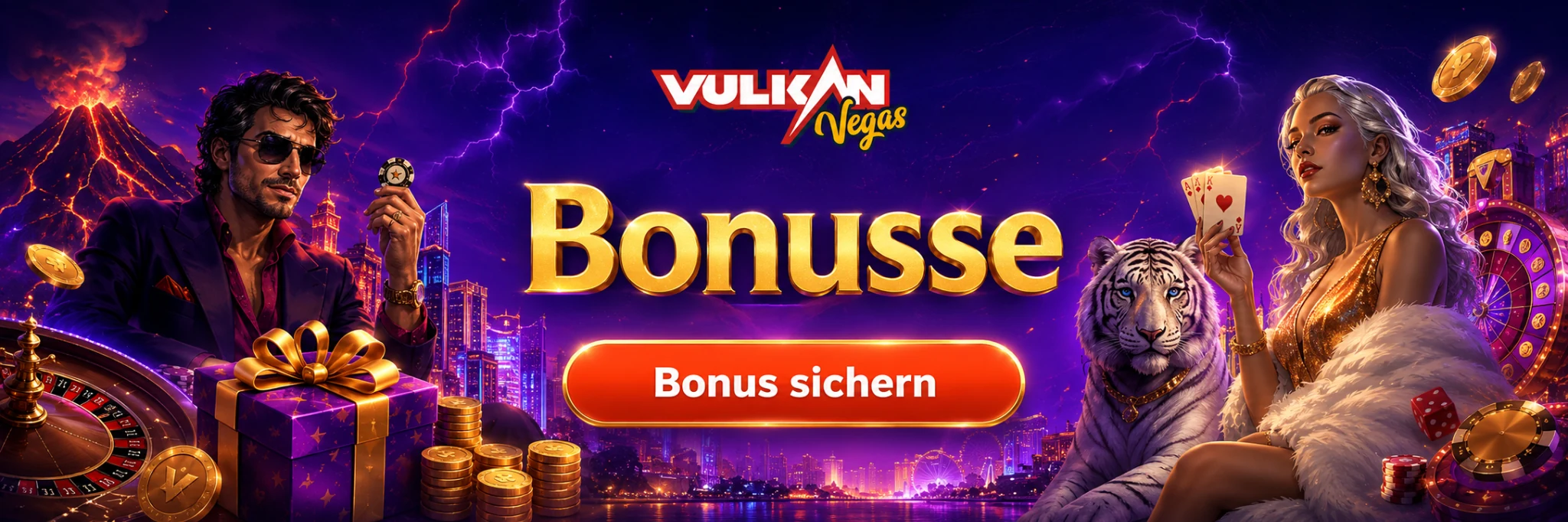 Vulkan Vegas Bonus Banner mit Geschenk, Casino-Figuren und Bonus-CTA