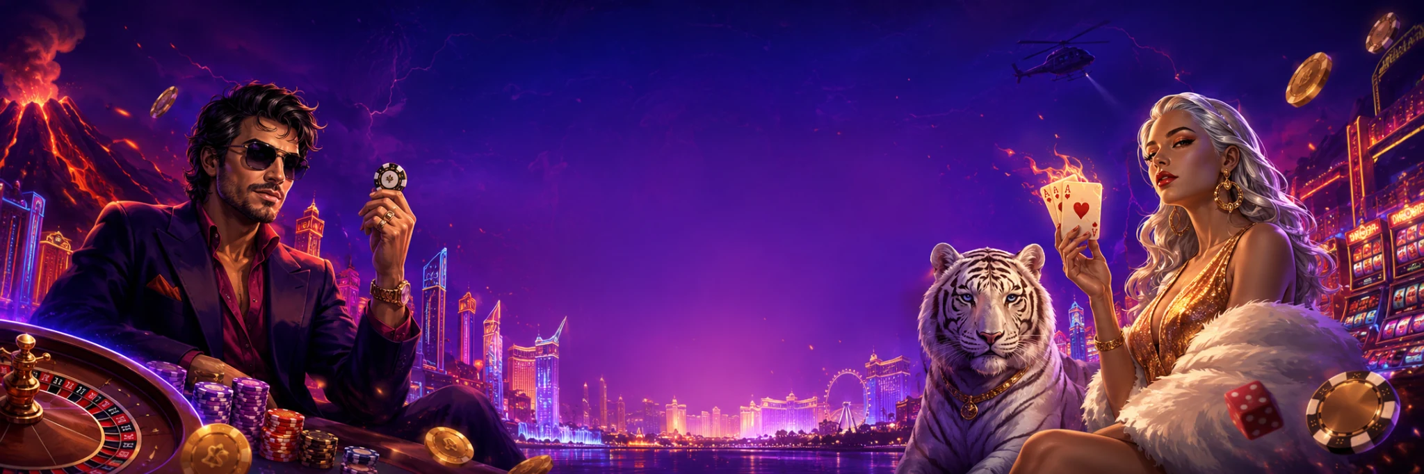Vulkan Vegas Casino Banner mit Las-Vegas-Kulisse, Spieltisch und Casino-Motiven