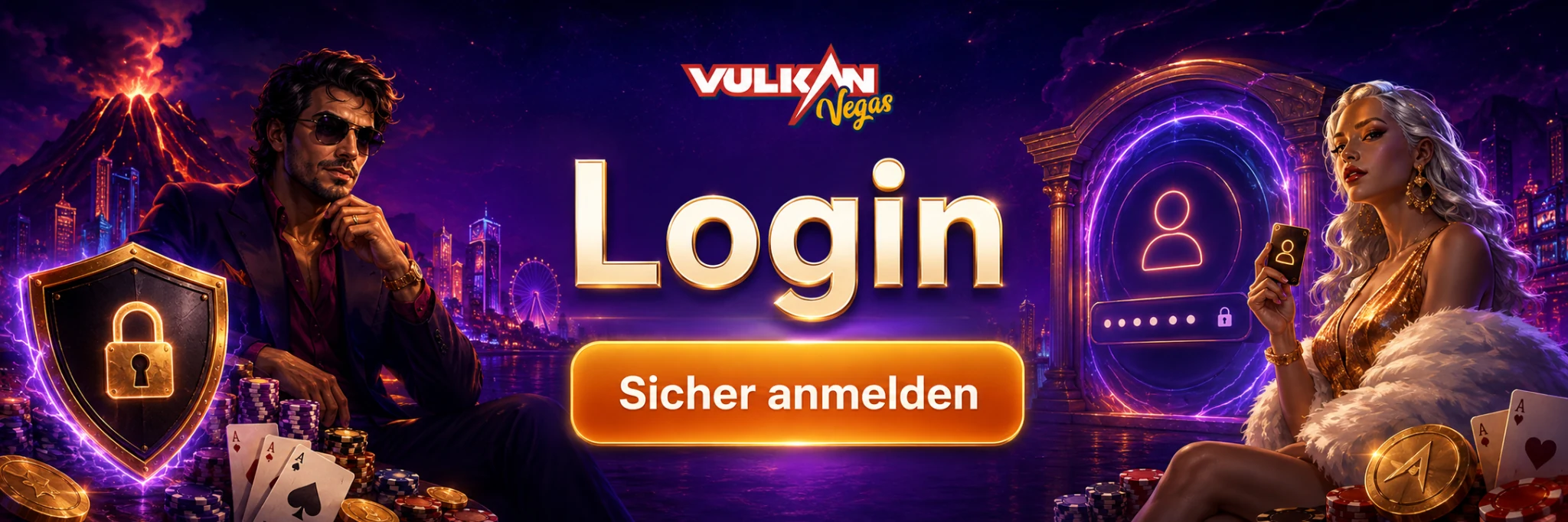 Vulkan Vegas Login Banner mit Login-Symbol und Casino-Figuren