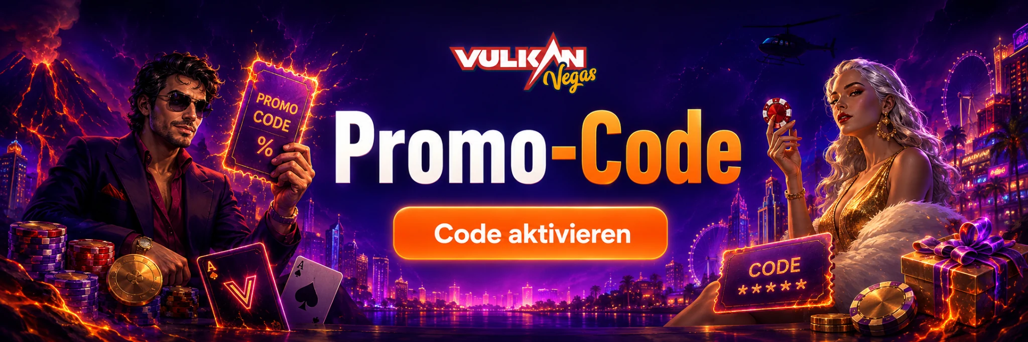 Vulkan Vegas Promo-Code Banner in violett-orangefarbenem Casino-Design