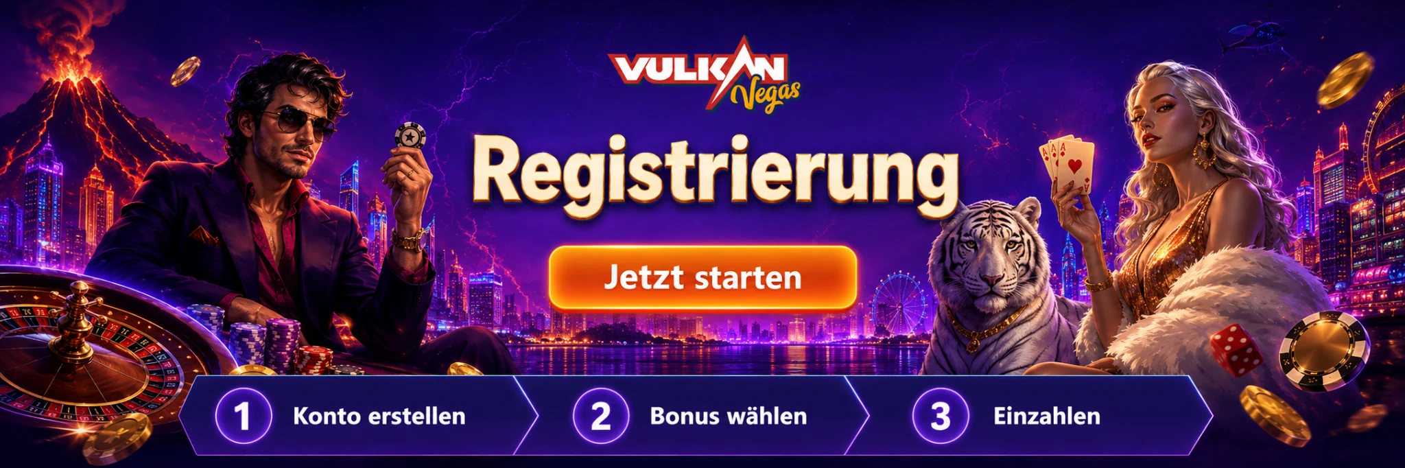 Vulkan Vegas Registrierung Banner mit drei Schritten zur Kontoerstellung